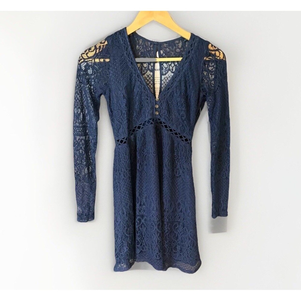 Hollister Lace Dress Womens 0  Blue Lined Cotton‎ Long Sleeve V-Neck Sheer New
